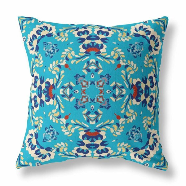 Homeroots 26 in. Cyan & Blue Filigree Indoor & Outdoor Zip Throw Pillow 411223